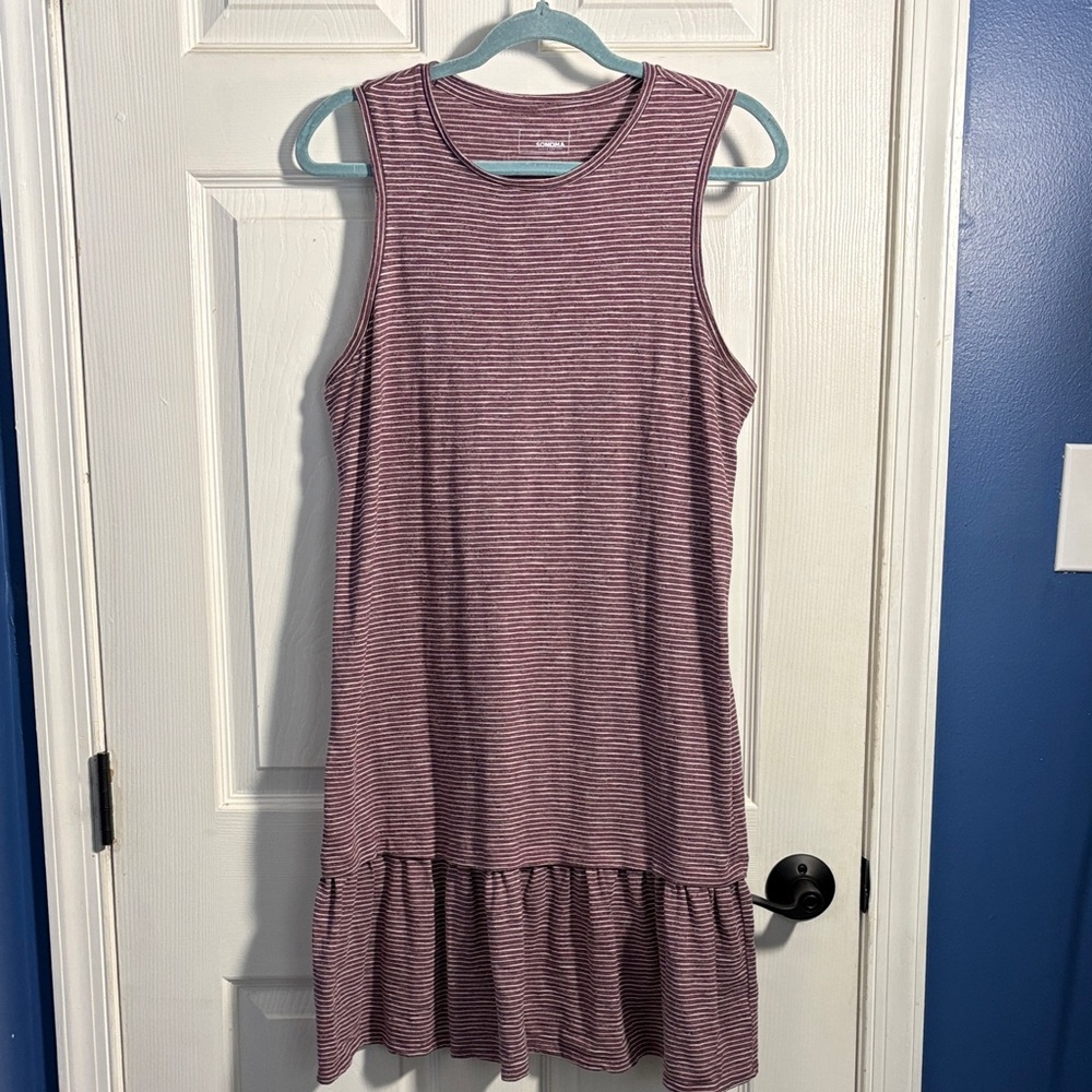 Sonoma Burgundy and White Striped Tank Dress with Ruffle Bottom Large